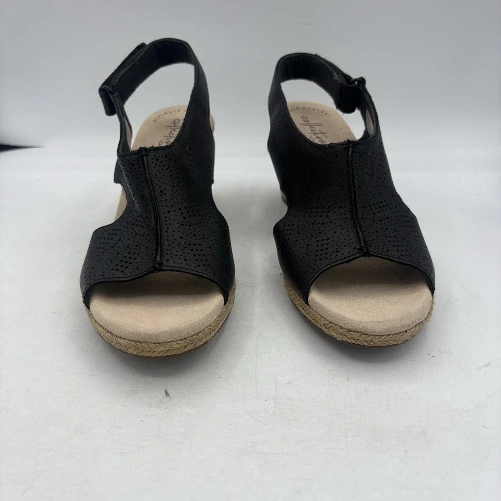 Clarks Sandals Womens Size 8.5 M Lafley Rosen Black Wedge Espadrille